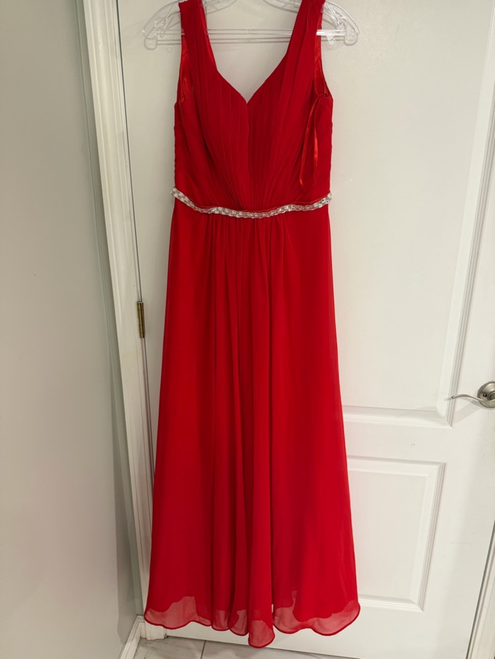 Floor length red dress with beaded belt